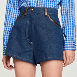 Femme SANDRO Short En Jean Détails En Cuir