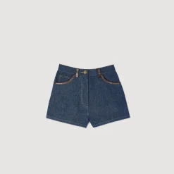 Femme SANDRO Short En Jean Détails En Cuir