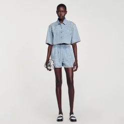Femme SANDRO Short Large En Denim Orné De Strass