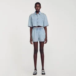 Femme SANDRO Short Large En Denim Orné De Strass