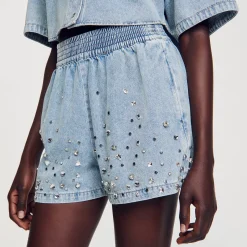 Femme SANDRO Short Large En Denim Orné De Strass