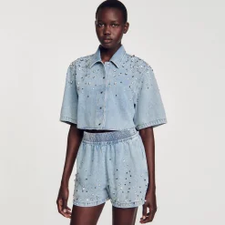 Femme SANDRO Short Large En Denim Orné De Strass