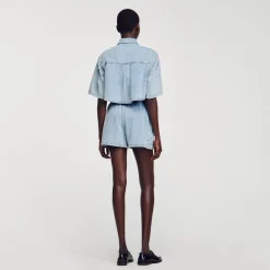 Femme SANDRO Short Large En Denim Orné De Strass