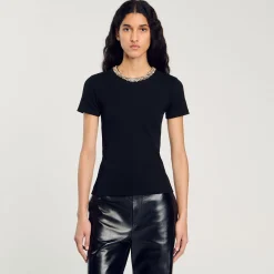 Femme SANDRO Tee-shirt à Galon Strassé