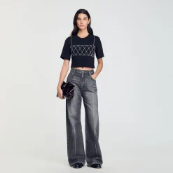 Femme SANDRO Tee-shirt Court Strassé