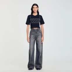 Femme SANDRO Tee-shirt Court Strassé