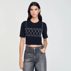 Femme SANDRO Tee-shirt Court Strassé