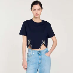 Femme SANDRO T-shirt Court Orné De Strass