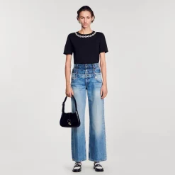 Femme SANDRO T-shirt En Coton Biologique Col Bijou