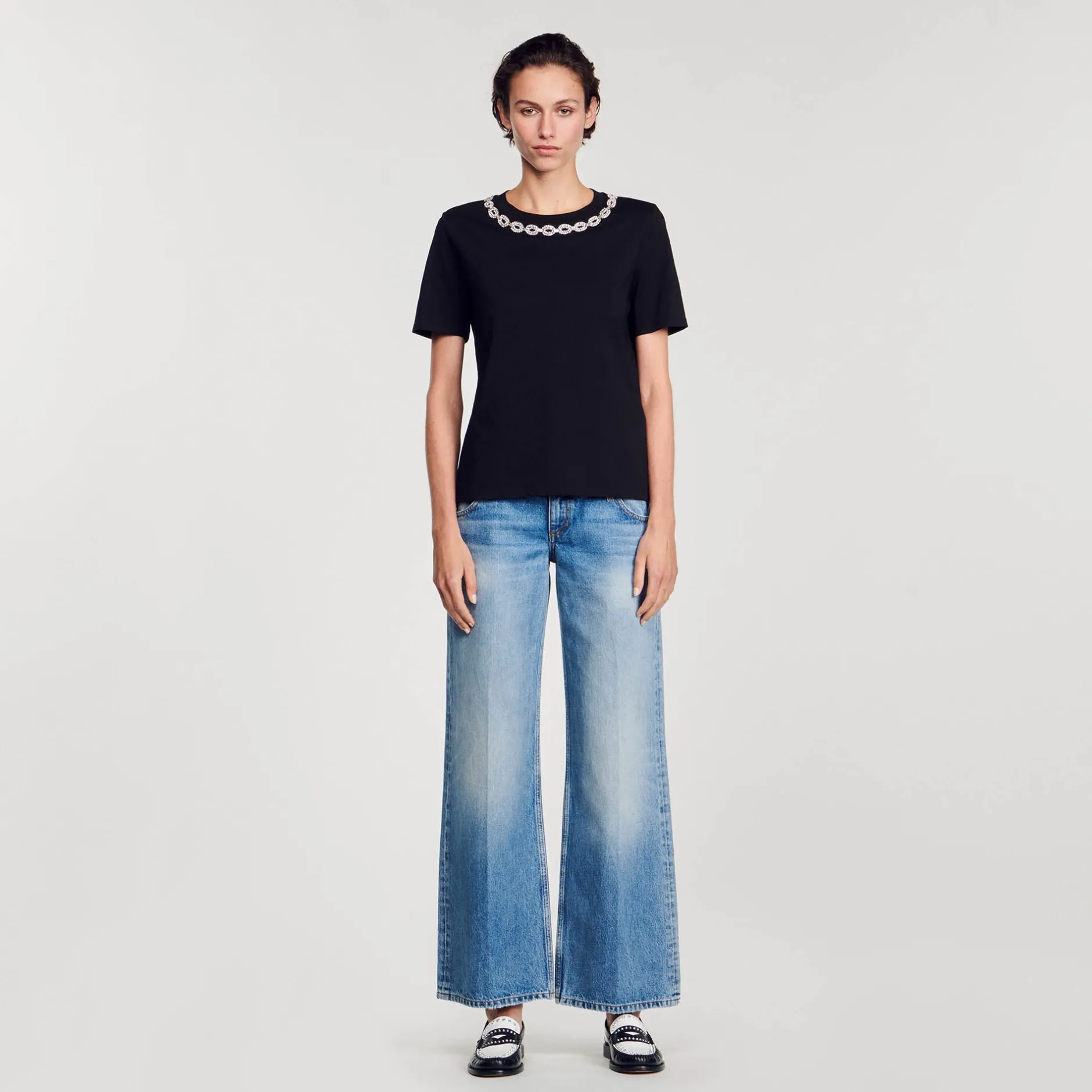 Femme SANDRO T-shirt En Coton Biologique Col Bijou