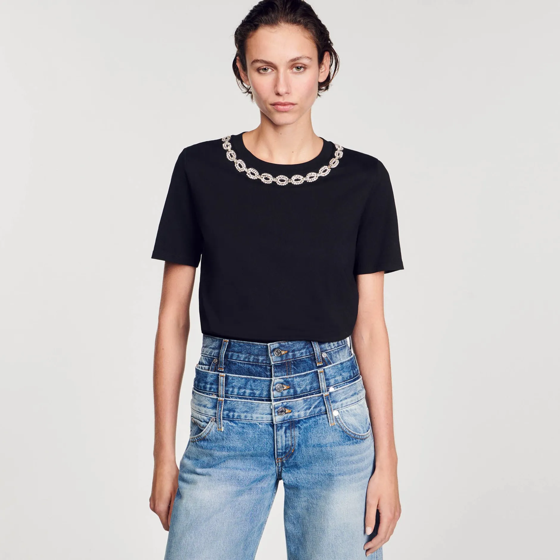 Femme SANDRO T-shirt En Coton Biologique Col Bijou