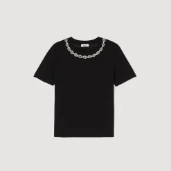 Femme SANDRO T-shirt En Coton Biologique Col Bijou