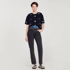Femme SANDRO T-shirt Orné De Sequins Fleurs