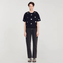Femme SANDRO T-shirt Orné De Sequins Fleurs