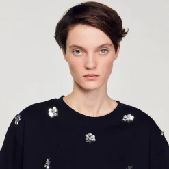 Femme SANDRO T-shirt Orné De Sequins Fleurs