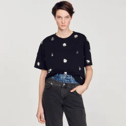 Femme SANDRO T-shirt Orné De Sequins Fleurs