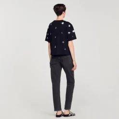 Femme SANDRO T-shirt Orné De Sequins Fleurs
