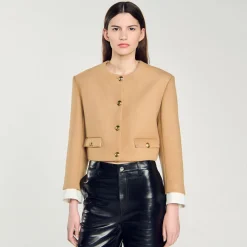 Femme SANDRO Veste Courte En Laine Mélangée