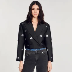 Femme SANDRO Veste Courte Satinée Ornée De Fleurs