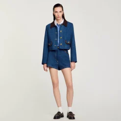 Femme SANDRO Veste En Jean à Col En Cuir