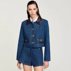 Femme SANDRO Veste En Jean à Col En Cuir