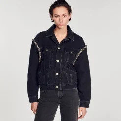 Femme SANDRO Veste En Jean Oversize Strassée
